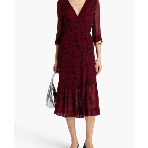 GANNI Light Georgette Wrap Midi Dress in Syrah (Red-Black Floral Print) - Picture 1 of 11